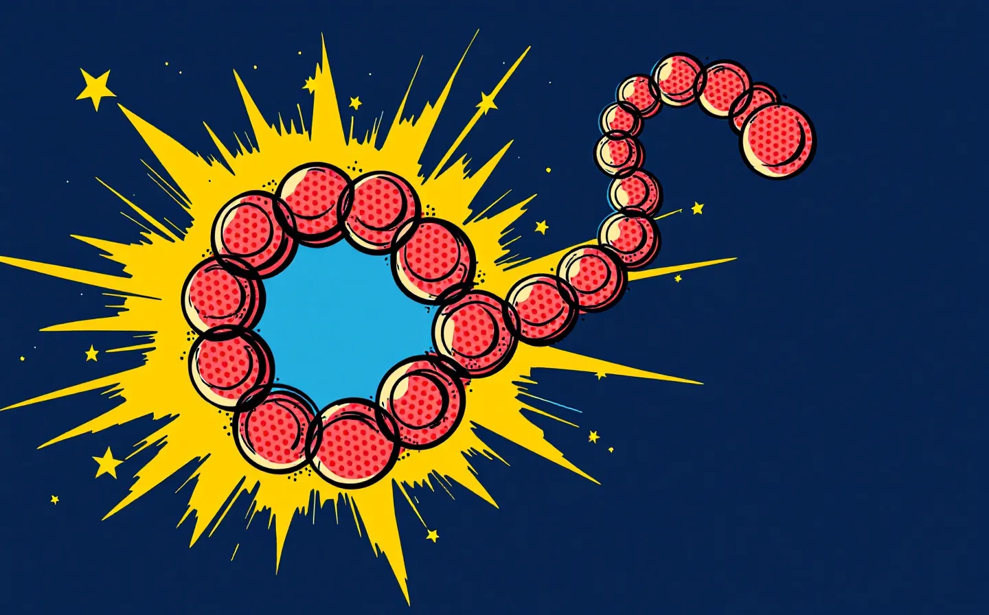 A retro-comic action panel of an abstract coiled seven-bead peptide-chain emblem in action-red with a comic-yellow starburst, thick black ink outlines and Ben-Day dots, on a deep blueprint-ink navy ground